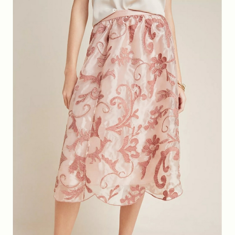 NWT Anthropologie Shannon Embroidered Pink Midi Skirt